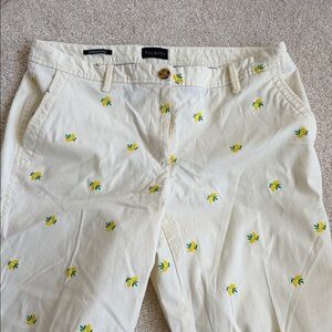 Talbots Cream Relaxed Chino Pants with Yellow Lemon Green Leaf Embroidery